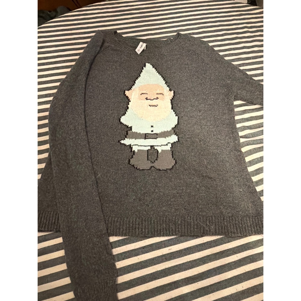 Bethany Mota Womens Gray Gnome Sequin Graphic Knit Sweater Small RN121726